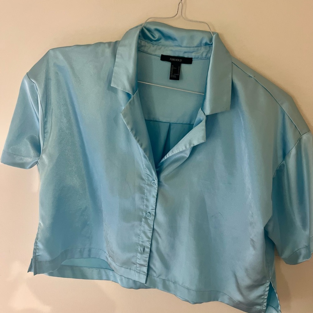 Baby Blue Satin Crop Button Up Top